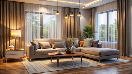 Fototapeta premium Modern couch, coffee table, and large window with curtains, tidy living room with subtle warm lighting, minimalist decoration.