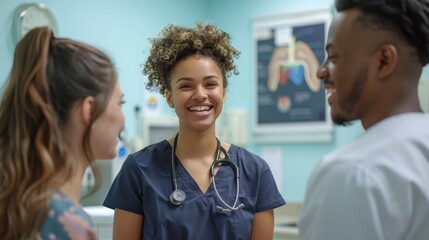 Fototapeta premium Smiling Nurse with Stethoscope Engaging with Colleagues in a Friendly Hospital Environment