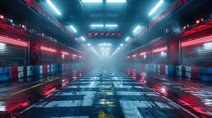 Futuristic pit stop with red and blue neon lights, fog atmosphere and water reflections on the sparkling floor