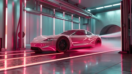 Obraz premium Simulation im Windkanal mit Sprtwagen modernes E-Auto Vision mit Strömungslinien Windwiderstand Generative AI