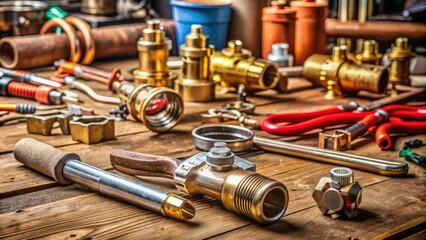 Close-up of dismantled gas boiler valve and assorted tools on a workbench in a cluttered home maintenance workspace atmosphere.