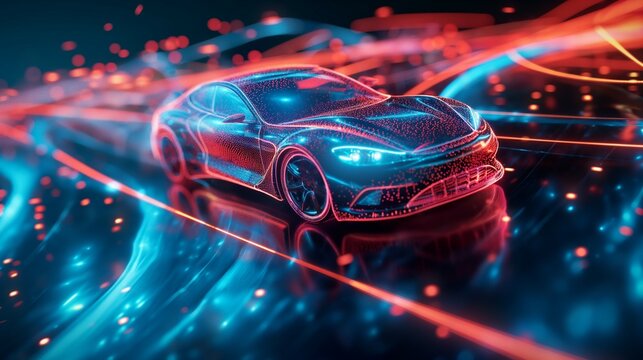 Simulation im Windkanal mit Sprtwagen modernes E-Auto Vision mit Str&ouml;mungslinien Windwiderstand Generative AI