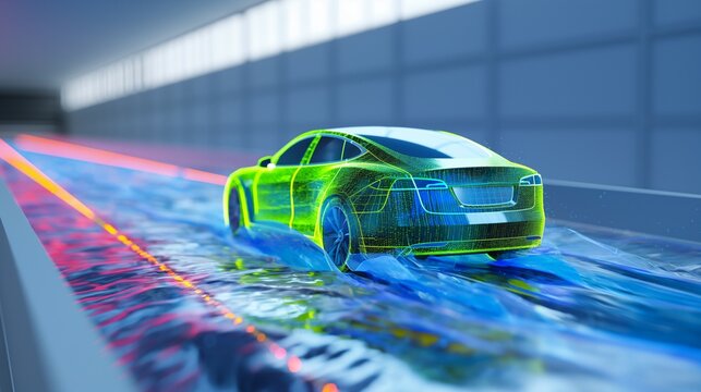 Simulation im Windkanal mit Sprtwagen modernes E-Auto Vision mit Str&ouml;mungslinien Windwiderstand Generative AI