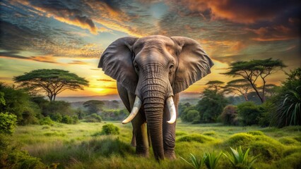 Obraz premium Majestic wild elephant with tusks and wrinkled gray skin stands alone in a lush green jungle landscape at sunset.