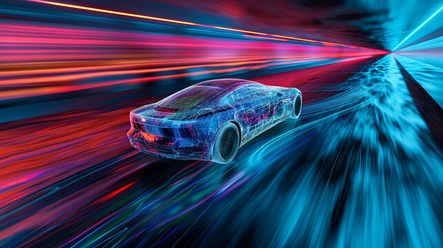 Simulation im Windkanal mit Sprtwagen modernes E-Auto Vision mit Str&ouml;mungslinien Windwiderstand Generative AI