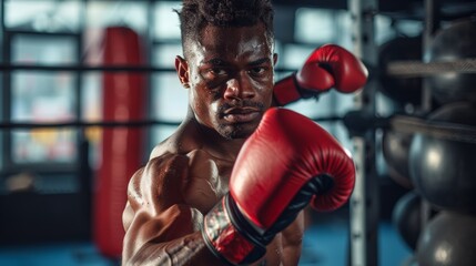 Boxing boxer poses shirtless, black African American boxer wearing red gloves in defensive pose ready to fight and punch at gym with kick bag and boxing equipment in background.