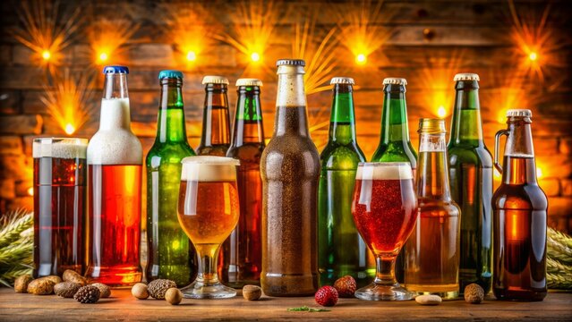 Colorful festive background featuring various beer bottles and glasses arranged artfully to celebrate national beer day holiday concept.