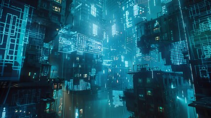 Obraz premium Top view of cyberpunk city, expansive view, beautiful landscape of skyscrapers and lights