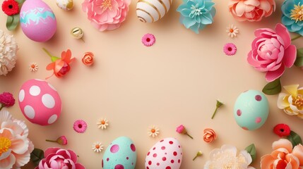 Easter themed round frame with colorful eggs and flowers on beige backdrop Festive design