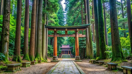 Traditional Japanese shrine surrounded by tall trees with torii gates leading to the entrance, Japan, shrine, Shinto