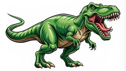 Fototapeta premium A ferocious, green, Tyrannosaurus Rex dinosaur stands alone, roaring with sharp teeth and claws, in a modern vector design logo.