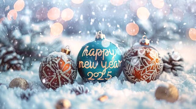 A snowy christmas and happy new year 2025 surrounded by a decorative border of Christmas lights and decorations. Seamless looping time-lapse virtual 4k video animation background