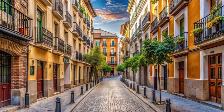 Traditional street lined with colorful buildings in the multicultural and trendy Lavapies neighborhood of Madrid