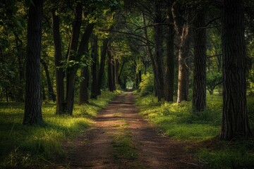 Obraz premium Path In The Woods. Tranquil Woodland Footpath Through Rustic Forest Landscape