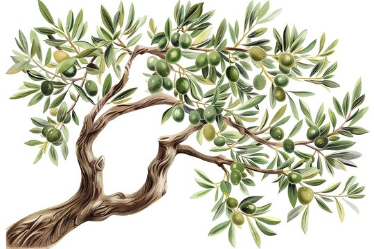 olive tree branch watercolor painting on white