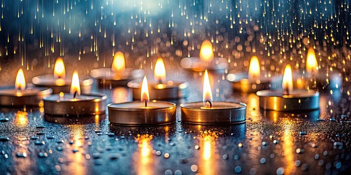 Tealight candles with raindrops reflecting a blurred light background, symbolizing solemn remembrance , tealight