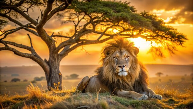 Magnificent male lion with shaggy mane resting regally under acacia tree's sprawling branches in golden savannah sunset landscape. - Powered by Adobe