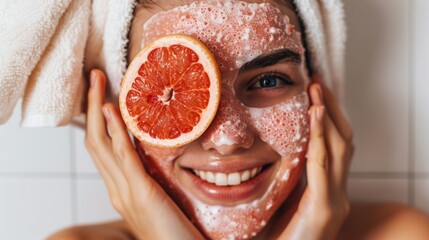 Happy playful teenage girl in moisturizing mask and towel holding grapefruit covering her eyes. Poster advertising environmentally friendly facial skin care products for morning beauty