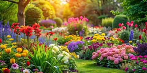 Fototapeta premium Vibrant garden with colorful flowers, nature, flora, botanical, bloom, vibrant, bright, garden, beautiful, beauty, floral