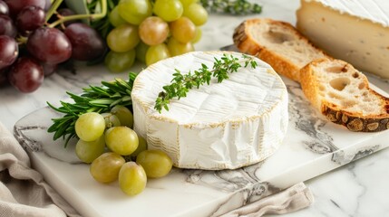 Brie cheese wheel with fresh herbs, grapes, and artisan bread, arranged on a marble platter in a sophisticated kitchen setting