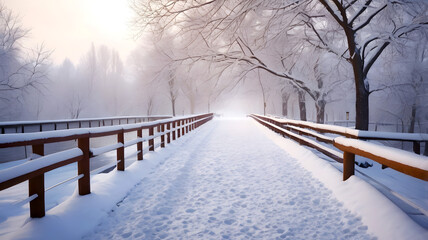 Free photo snow falling in park and a walking bridge in winter, winter landscape Generative AI 