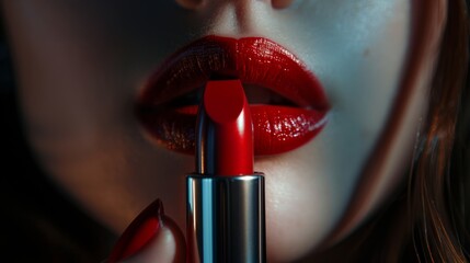 Close-up of a model's red lips holding lipstick. Beautiful cosmetics macro shot of woman holding lipstick.