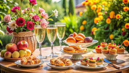 Elegant outdoor brunch setting with peaches, champagne flutes, and delicate pastries arranged artfully on a sunny, flower-adorned patio table.