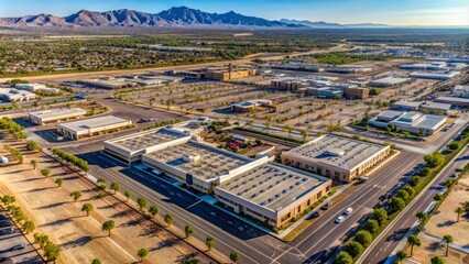 Aerial view of sprawling shopping mall surrounded by empty lots and desert landscape in suburban Goodyear Arizona urban terrain.