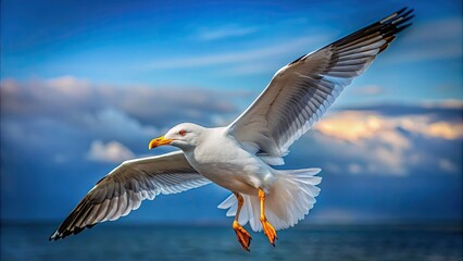 Fototapeta premium Seagull soaring gracefully in flight, seagull, bird, flying, wings, freedom, wildlife, sky, animal, nature, wildlife, ocean