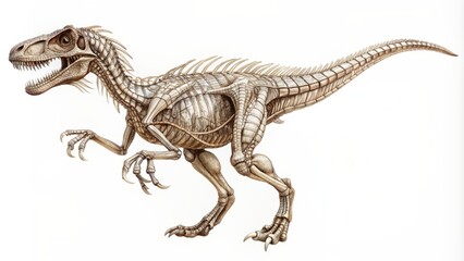 Naklejka premium A majestic, skeletal raptor dinosaur outline with intricate, hand-drawn details and textures, set against a clean, white background.