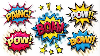 Vibrant comic speech bubbles in bold fonts with Pow, Bang, Boom, Snap texts on white background, perfect for banners, posters, and stickers.