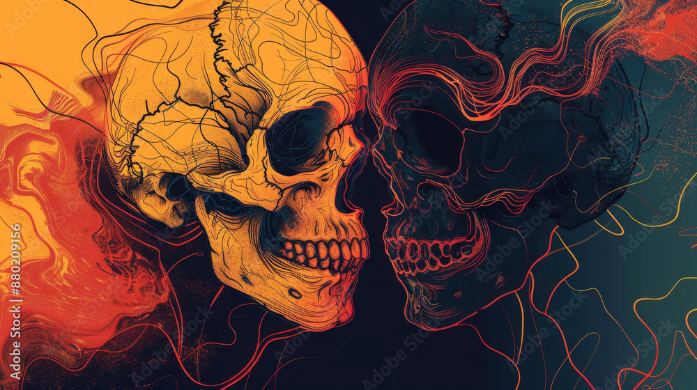 Wall mural abstract depiction of a heart and a skull intertwined, using minimalistic shapes and lines to explor