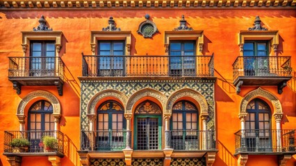 Fototapeta premium Vibrant orange-hued stucco facade adorned with ornate wrought iron balconies, arched windows, and Moorish-inspired tile work in a sun-kissed setting.