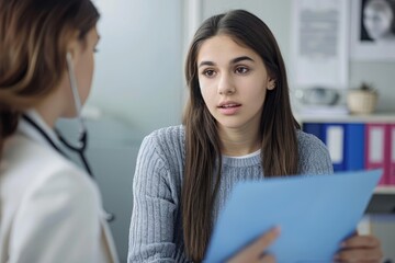 Obraz premium Young Woman Discussing Medical Records with Doctor