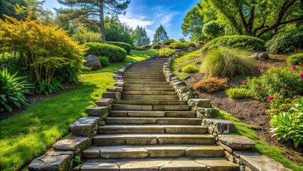 Obraz premium Stone stairs leading up a hill in a tranquil garden setting, stone, stairs, steps, climb, path, walkway, nature