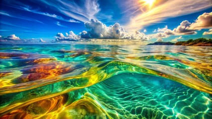 Vibrant, iridescent hues of turquoise, coral, and sunshine yellow swirl together in mesmerizing harmony within translucent waves of crystal clear water