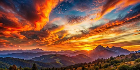 Fototapeta premium Sunset painting the sky in warm hues over the majestic mountains , Sunset, mountains, dusk, sky, clouds, colorful, nature