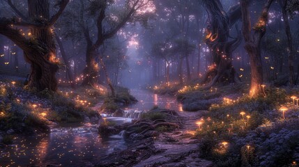 Enchanted Forest with Glowing Mushrooms and Fireflies - Generative AI
