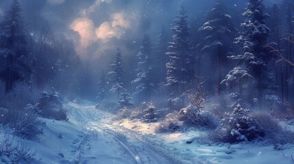 Fototapeta premium Winter Wonderland Forest Path at Dusk - Generative AI