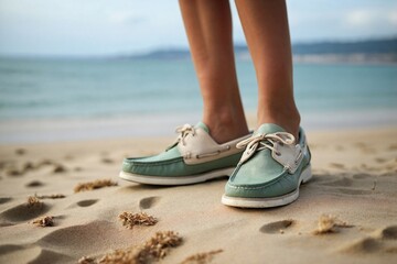 Naklejka premium a pair of boat shoes on a sandy beach or grassy park, with a blurred background of the surroundings.