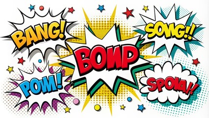 Colorful illustration featuring energetic comic speech bubbles with Pow, Bang, Boom, Snap texts in vintage pop art style on white.