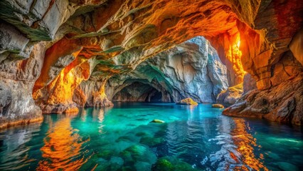 Fototapeta premium Vibrant turquoise and orange hues illuminate the interior of a unique painted cave on a rugged isolated island coastline.