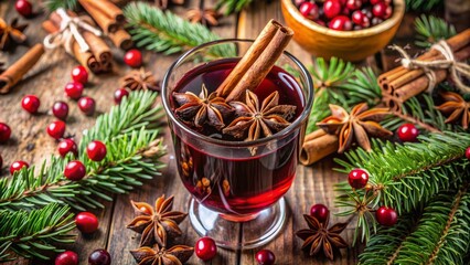Richly ornamented red wine background with cinnamon sticks, star anise, and cloves, evoking warmth and festive winter cheer.