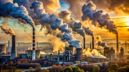 Smoke-spewing factory stacks surround a desolate industrial landscape, spotlighting the urgent need for sustainable practices and drastic carbon reduction measures.