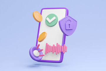 A modern 3D render showcasing the security and convenience of voice recognition payments with floating elements of a smartphone, coins, sound waves, speaker, shield, padlock, and checkmark