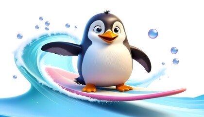 A cartoon penguin wearing a happy smile rides a pink surfboard on a large blue wave