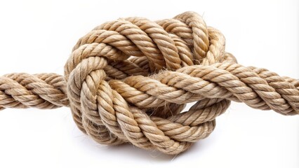 A tightly coiled rope with a prominent knot at its center, surrounded by frayed edges and wisps of fibers, isolated on white.