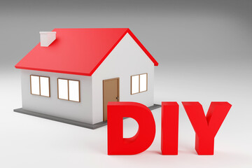 Luxury red inscription DIY on grey podium with little house, soft light, smooth background, 3d rendering