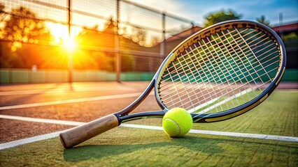 Tennis racket and ball on the court , sports, tennis, equipment, match, game, competition, athlete, play, outdoor, court, net