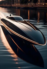 Obraz premium A sleek, black speedboat with an orange light strip cuts through the calm water at dusk. The boat's reflection is visible in the water